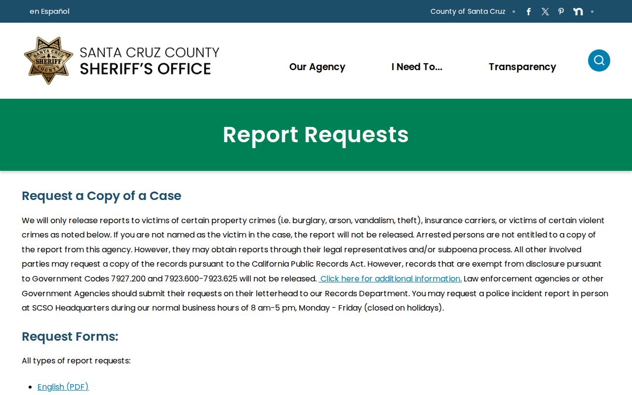 Santa Cruz County neighbors Sheriff report request