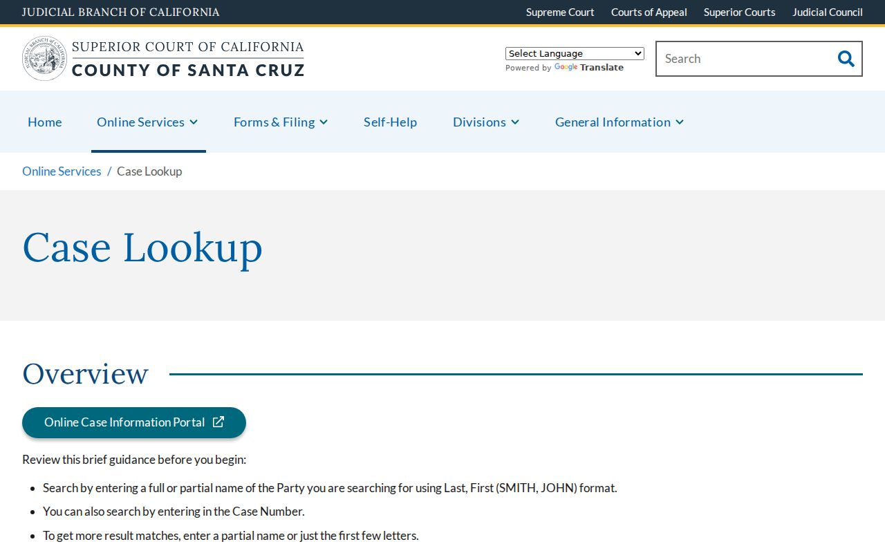 Santa Cruz County resident lookup Superior Court case search