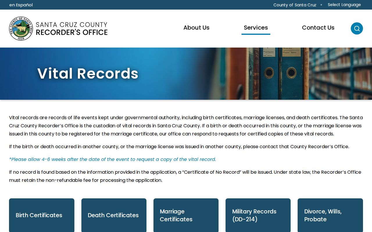 Santa Cruz County residents directory vital records application